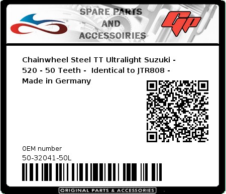 Product image: Esjot - 50-32041-50L - Chainwheel Steel TT Ultralight Suzuki - 520 - 50 Teeth -  Identical to JTR808 - Made in Germany 