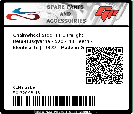 Product image: Esjot - 50-32043-48L - Chainwheel Steel TT Ultralight Beta-Husqvarna - 520 - 48 Teeth -  Identical to JTR822 - Made in Germany 