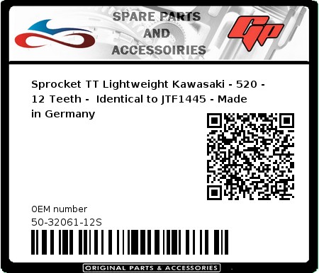 Product image: Esjot - 50-32061-12S - Sprocket TT Lightweight Kawasaki - 520 - 12 Teeth -  Identical to JTF1445 - Made in Germany 