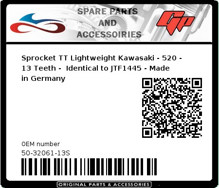 Product image: Esjot - 50-32061-13S - Sprocket TT Lightweight Kawasaki - 520 - 13 Teeth -  Identical to JTF1445 - Made in Germany 