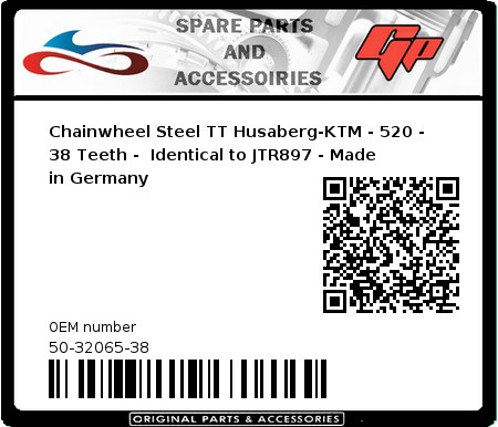 Product image: Esjot - 50-32065-38 - Chainwheel Steel TT Husaberg-KTM - 520 - 38 Teeth -  Identical to JTR897 - Made in Germany 