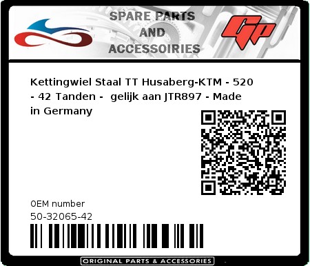 Product image: Esjot - 50-32065-42 - Chainwheel Steel TT Husaberg-KTM - 520 - 42 Teeth -  Identical to JTR897 - Made in Germany 