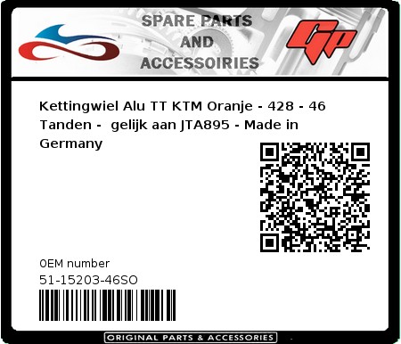 Product image: Esjot - 51-15203-46SO - Chainwheel Alu TT KTM Orange - 428 - 46 Teeth -  Identical to JTA895 - Made in Germany 