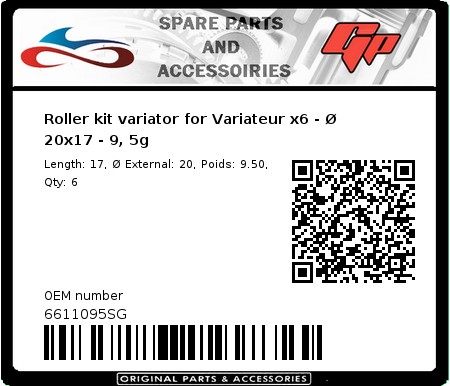 Product image: Malossi - 6611095SG - Roller kit variator for Variateur x6 - Ø 20x17 - 9, 5g 