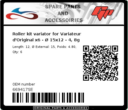 Product image: Malossi - 669417SE - Roller kit variator for Variateur d'Original x6 - Ø 15x12 - 4, 8g 