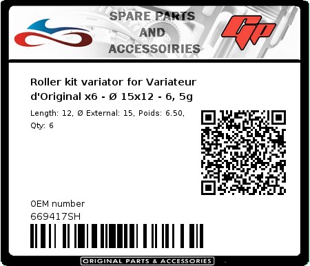 Product image: Malossi - 669417SH - Roller kit variator for Variateur d'Original x6 - Ø 15x12 - 6, 5g 