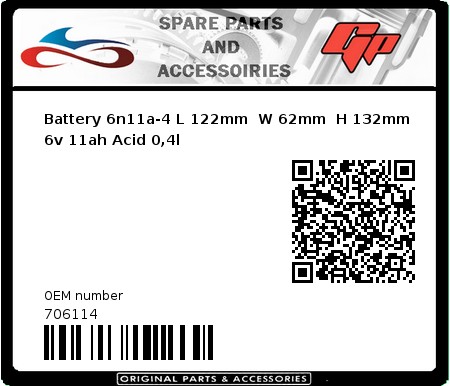 Product image: Kyoto - 706114 - Battery 6n11a-4 L 122mm  W 62mm  H 132mm 6v 11ah Acid 0,4l  0