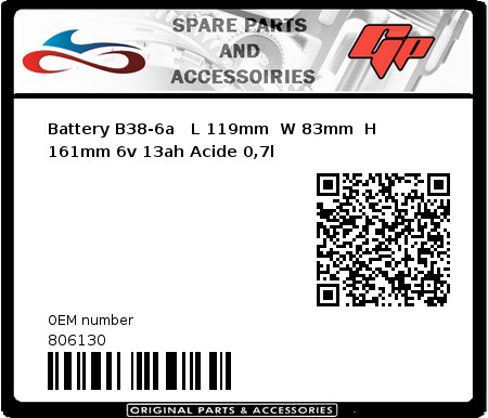 Product image: Yuasa - 806130 - Battery B38-6a   L 119mm  W 83mm  H 161mm 6v 13ah Acide 0,7l 