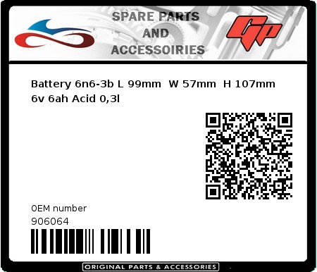 Product image: Motorcycle Battery - 906064 - Battery 6n6-3b L 99mm  W 57mm  H 107mm 6v 6ah Acid 0,3l  0