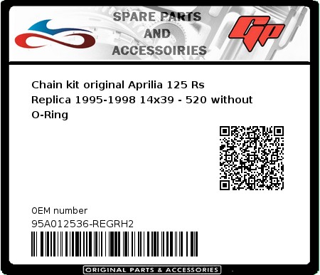 Product image: Regina - 95A012536-REGRH2 - Chain kit original Aprilia 125 Rs Replica 1995-1998 14x39 - 520 without O-Ring 