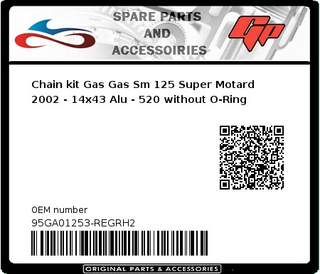 Product image: Regina - 95GA01253-REGRH2 - Chain kit Gas Gas Sm 125 Super Motard 2002 - 14x43 Alu - 520 without O-Ring 
