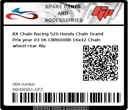 Product image: Regina - 96H06001-GPZ - Kit Chain Racing 520 Honda Chain Grand Prix year 03 06 CBR600RR 16x42 Chain wheel rear Alu  0
