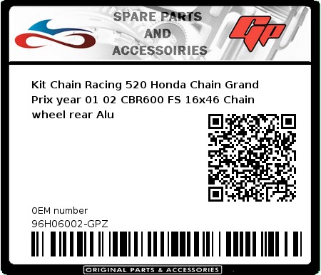 Product image: Regina - 96H06002-GPZ - Kit Chain Racing 520 Honda Chain Grand Prix year 01 02 CBR600 FS 16x46 Chain wheel rear Alu  0