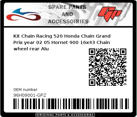Product image: Regina - 96H09001-GPZ - Kit Chain Racing 520 Honda Chain Grand Prix year 02 05 Hornet 900 16x43 Chain wheel rear Alu  0