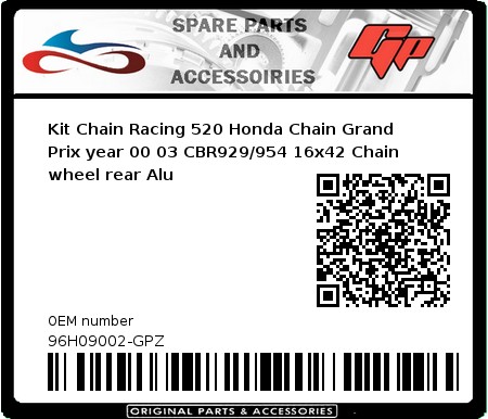 Product image: Regina - 96H09002-GPZ - Kit Chain Racing 520 Honda Chain Grand Prix year 00 03 CBR929/954 16x42 Chain wheel rear Alu  0