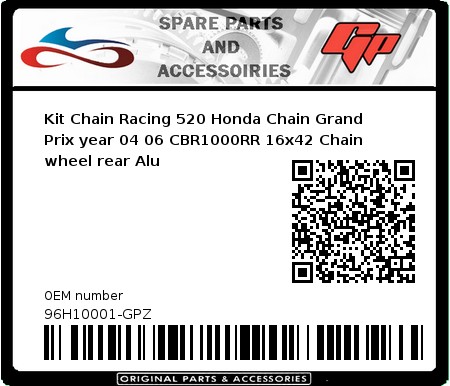 Product image: Regina - 96H10001-GPZ - Kit Chain Racing 520 Honda Chain Grand Prix year 04 06 CBR1000RR 16x42 Chain wheel rear Alu  0