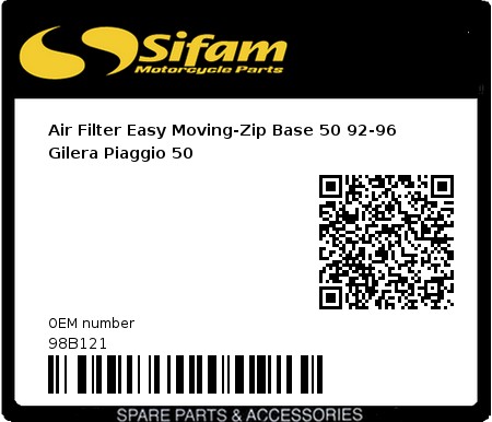 Product image: Sifam - 98B121 - Air Filter Easy Moving-Zip Base 50 92-96  Gilera Piaggio 50 