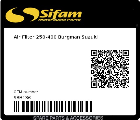 Product image: Sifam - 98B136 - Air Filter 250-400 Burgman Suzuki   