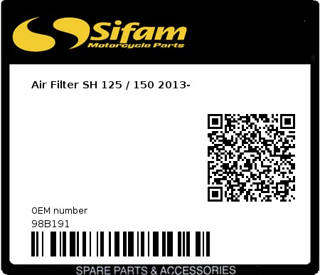 Product image: Sifam - 98B191 - Air Filter SH 125 / 150 2013- 