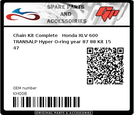 Product image: Regina - KH008 - Chain Kit Complete   Honda XLV 600 TRANSALP Hyper O-ring year 87 88 Kit 15 47  0
