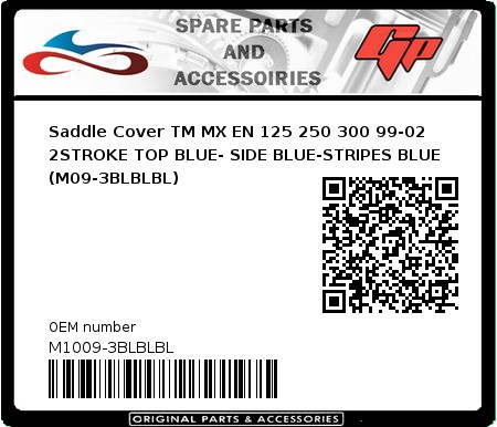 Product image: CrossX - M1009-3BLBLBL - Saddle Cover TM MX EN 125 250 300 99-02 2STROKE TOP BLUE- SIDE BLUE-STRIPES BLUE (M09-3BLBLBL) 