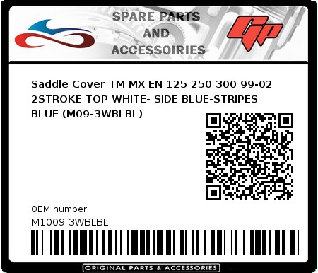 Product image: CrossX - M1009-3WBLBL - Saddle Cover TM MX EN 125 250 300 99-02 2STROKE TOP WHITE- SIDE BLUE-STRIPES BLUE (M09-3WBLBL) 