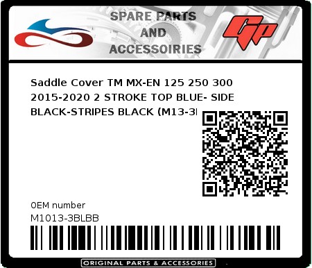 Product image: CrossX - M1013-3BLBB - Saddle Cover TM MX-EN 125 250 300 2015-2020 2 STROKE TOP BLUE- SIDE BLACK-STRIPES BLACK (M13-3BLBB) 