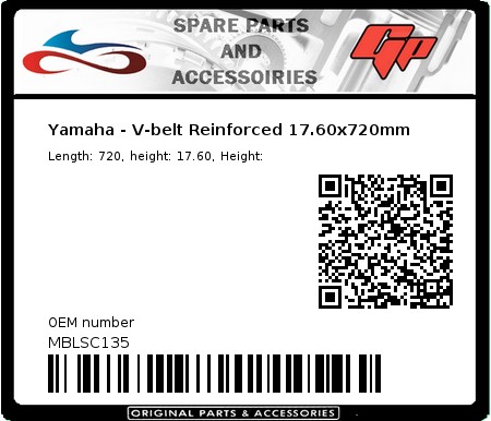 Product image: Mitsuboshi - MBLSC135 - Yamaha - V-belt Reinforced 17.60x720mm 