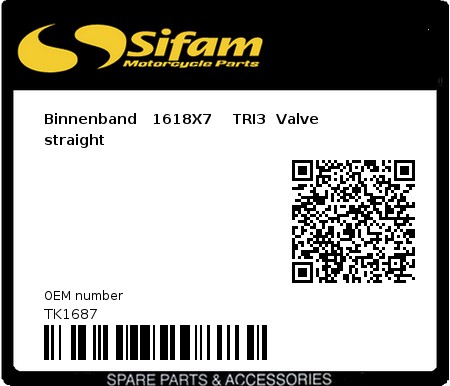 Product image: Sifam - TK1687 - Binnenband   1618X7    TRI3  Valve straight  0