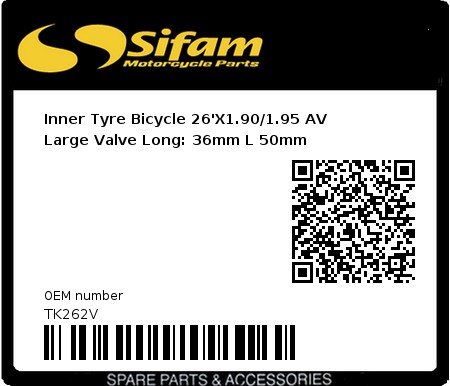 Product image: Sifam - TK262V - Inner Tyre Bicycle 26'X1.90/1.95 AV Large Valve Long: 36mm L 50mm  0