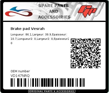 Product image: Vesrah - VD147NRQ - Brake pad Vesrah  0