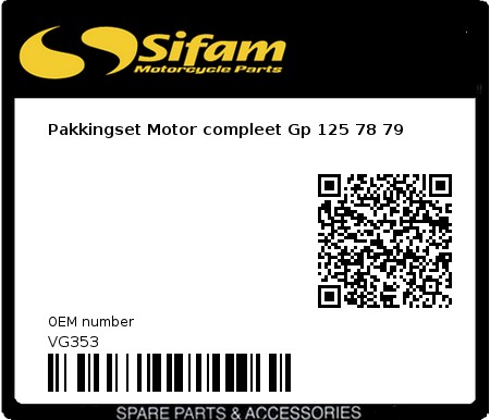 Product image: Sifam - VG353 - Pakkingset Motor compleet Gp 125 78 79 