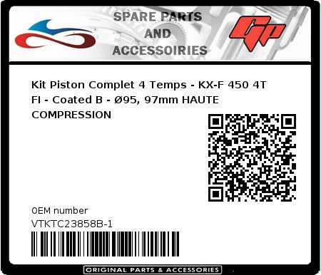 Product image: Vertex - VTKTC23858B-1 - Kit Piston Complet 4 Temps - KX-F 450 4T FI - Coated B - Ø95, 97mm HAUTE COMPRESSION 